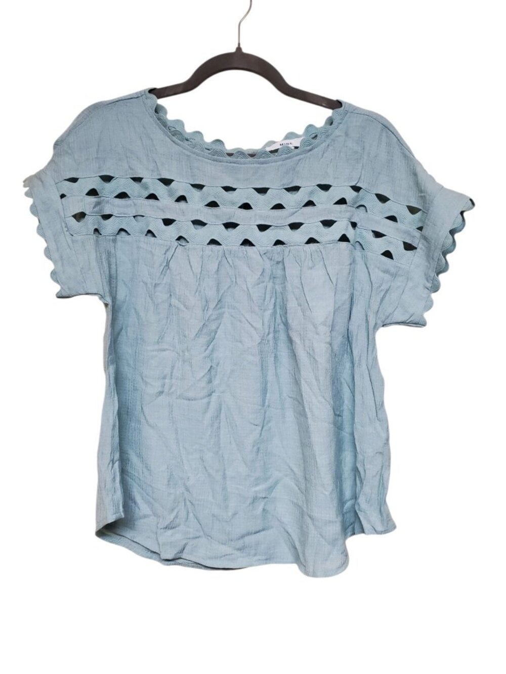 Mine Women's Mint Green Open Lattice Cut Out Button Up Back Blouse Top Size M